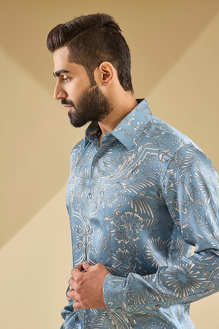 Ice Blue Silk Printed Wedding Shirt by Rohit Gandhi & Rahul Khanna Men at Pernia's Pop Up Shop