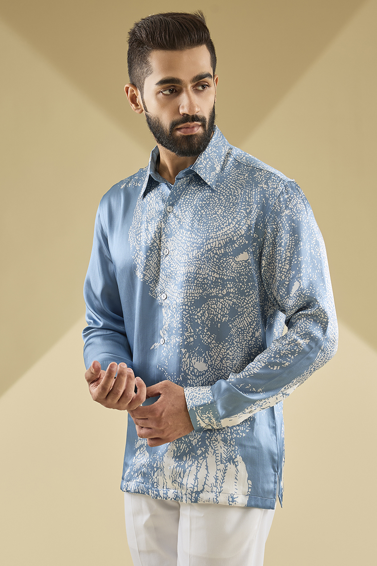 Ice Blue Silk Printed Shirt by Rohit Gandhi & Rahul Khanna Men