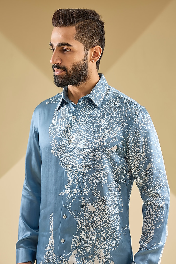 Ice Blue Silk Printed Wedding Shirt by Rohit Gandhi & Rahul Khanna Men at Pernia's Pop Up Shop