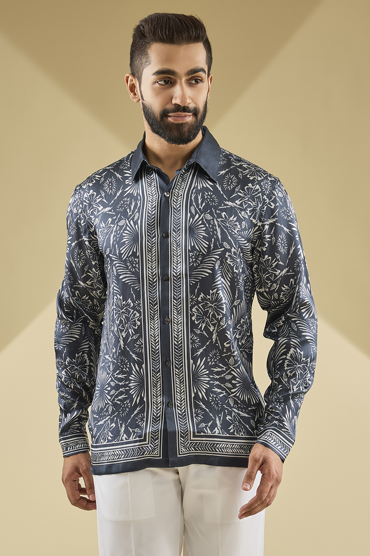 Persian Blue Silk Printed Shirt by Rohit Gandhi & Rahul Khanna Men