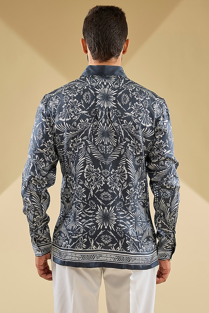 Persian Blue Silk Printed Wedding Shirt by Rohit Gandhi & Rahul Khanna Men at Pernia's Pop Up Shop