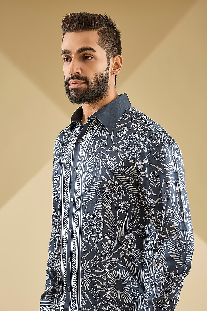 Persian Blue Silk Printed Wedding Shirt by Rohit Gandhi & Rahul Khanna Men at Pernia's Pop Up Shop