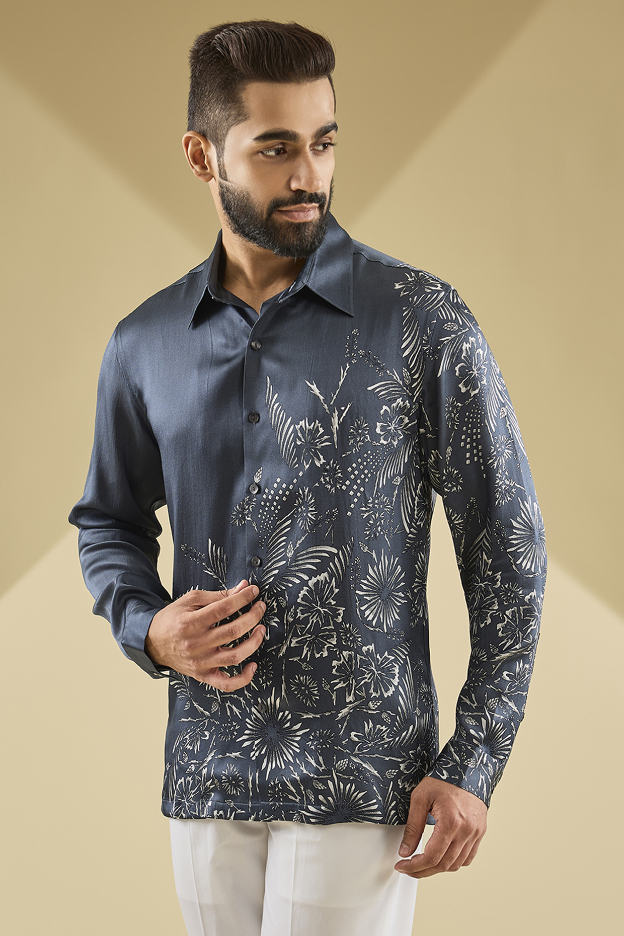 Persian Blue Silk Printed Shirt by Rohit Gandhi & Rahul Khanna Men