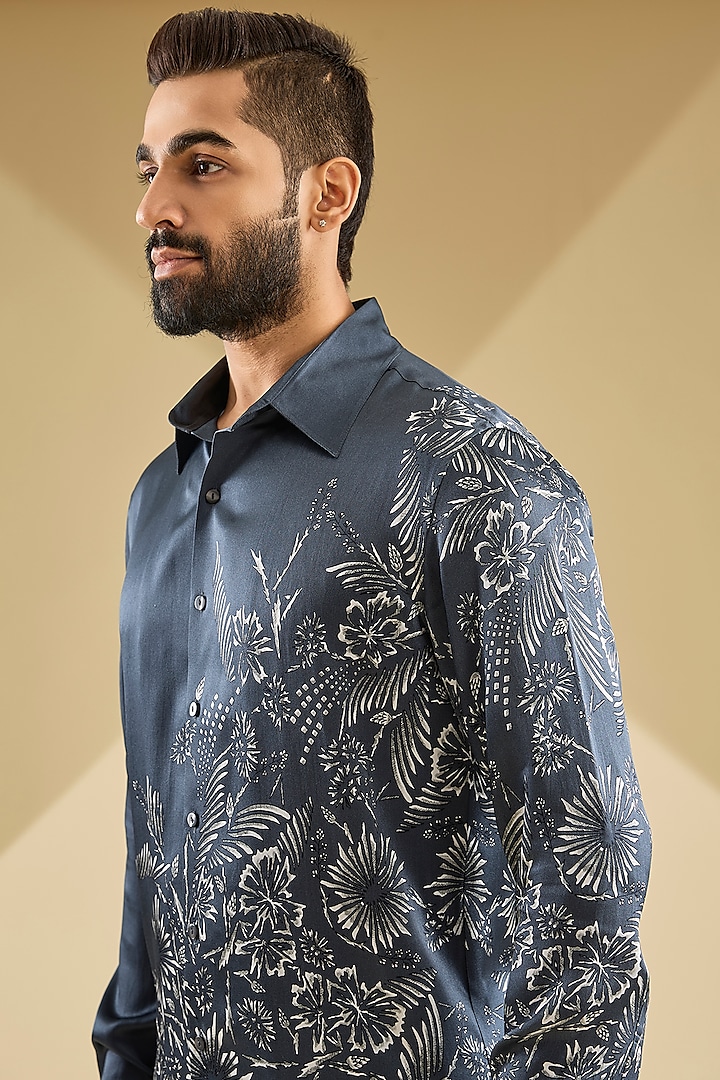 Persian Blue Silk Printed Wedding Shirt by Rohit Gandhi & Rahul Khanna Men at Pernia's Pop Up Shop