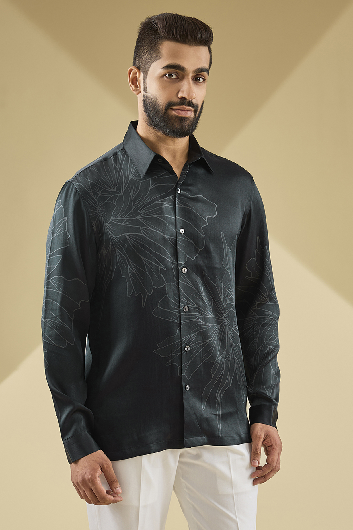Black Silk Printed Shirt by Rohit Gandhi & Rahul Khanna Men