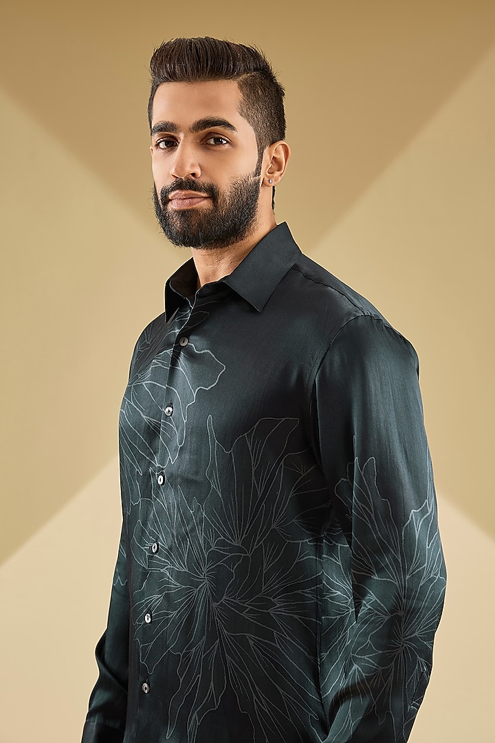 Black Silk Printed Wedding Shirt by Rohit Gandhi & Rahul Khanna Men at Pernia's Pop Up Shop