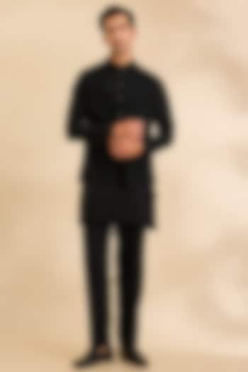Black Silk Bundi Jacket Set by Rohit Gandhi & Rahul Khanna Men at Pernia's Pop Up Shop