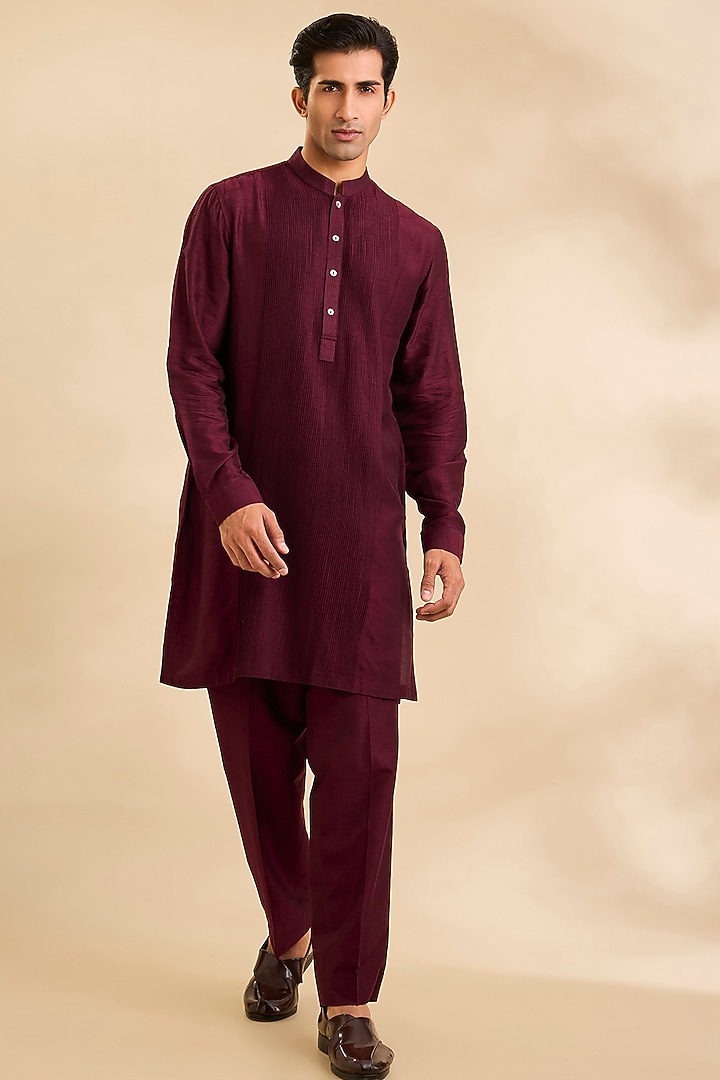 Berry-Colored Silk Bundi Jacket Set by Rohit Gandhi & Rahul Khanna Men at Pernia's Pop Up Shop