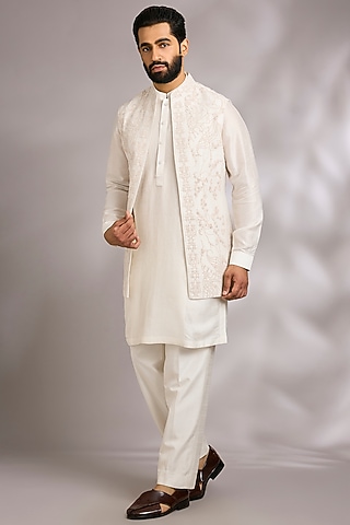 Ivory Silk Bundi Jacket Set by Rohit Gandhi & Rahul Khanna Men