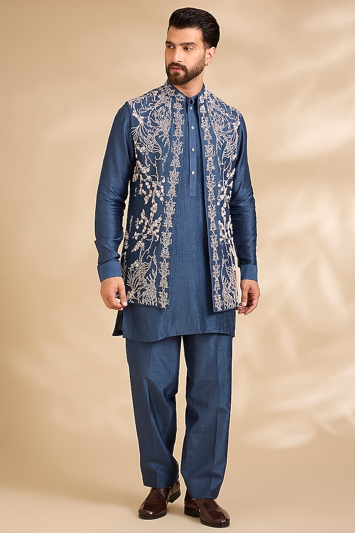 Blue Silk Bundi Jacket Set by Rohit Gandhi & Rahul Khanna Men at Pernia's Pop Up Shop