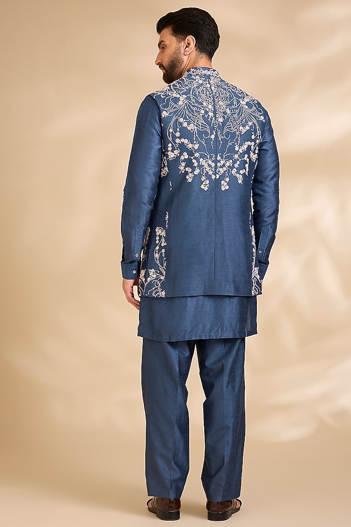 Blue Silk Bundi Jacket Set by Rohit Gandhi & Rahul Khanna Men at Pernia's Pop Up Shop