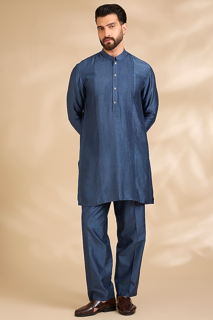 Blue Silk Bundi Jacket Set by Rohit Gandhi & Rahul Khanna Men at Pernia's Pop Up Shop