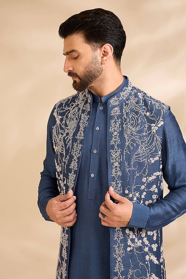 Blue Silk Bundi Jacket Set by Rohit Gandhi & Rahul Khanna Men at Pernia's Pop Up Shop