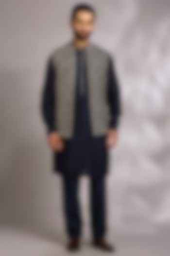 Navy Silk Bundi Jacket Set by Rohit Gandhi & Rahul Khanna Men at Pernia's Pop Up Shop