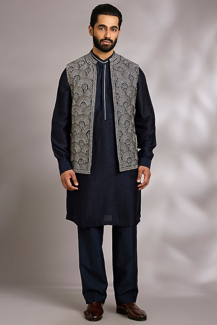 Navy Silk Bundi Jacket Set by Rohit Gandhi & Rahul Khanna Men at Pernia's Pop Up Shop