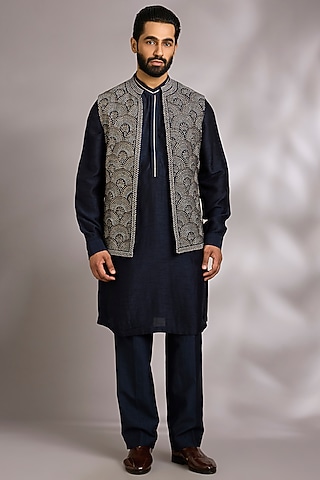 Navy Silk Bundi Jacket Set by Rohit Gandhi & Rahul Khanna Men