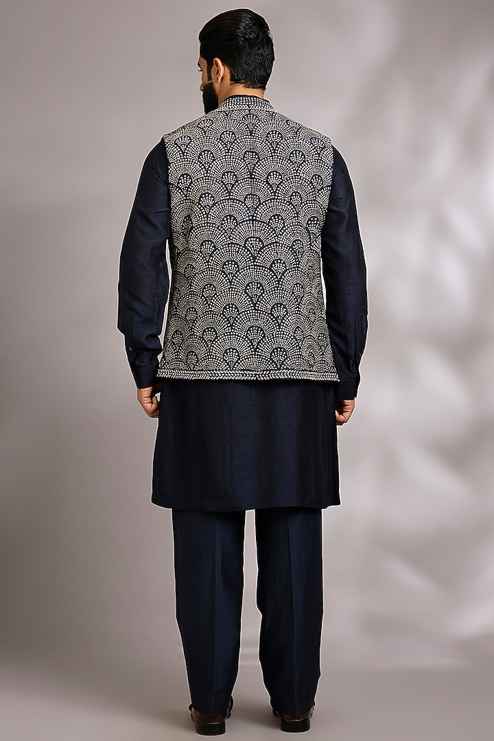 Navy Silk Bundi Jacket Set by Rohit Gandhi & Rahul Khanna Men at Pernia's Pop Up Shop