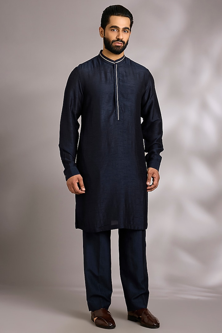Navy Silk Bundi Jacket Set by Rohit Gandhi & Rahul Khanna Men at Pernia's Pop Up Shop