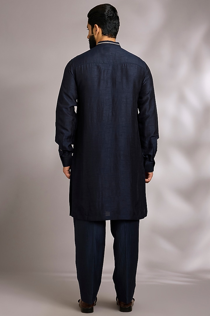 Navy Silk Bundi Jacket Set by Rohit Gandhi & Rahul Khanna Men at Pernia's Pop Up Shop