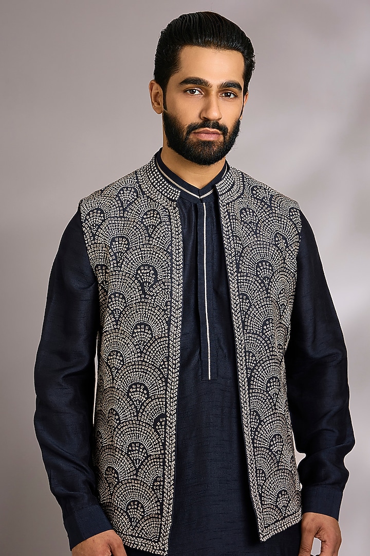 Navy Silk Bundi Jacket Set by Rohit Gandhi & Rahul Khanna Men at Pernia's Pop Up Shop