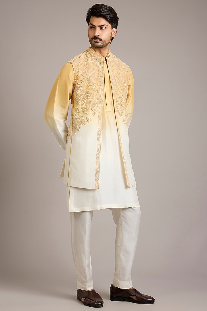 Mustard Ombre Silk Embroidered Bundi Jacket Set by Rohit Gandhi & Rahul Khanna Men at Pernia's Pop Up Shop