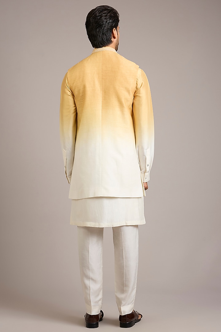Mustard Ombre Silk Embroidered Bundi Jacket Set by Rohit Gandhi & Rahul Khanna Men at Pernia's Pop Up Shop