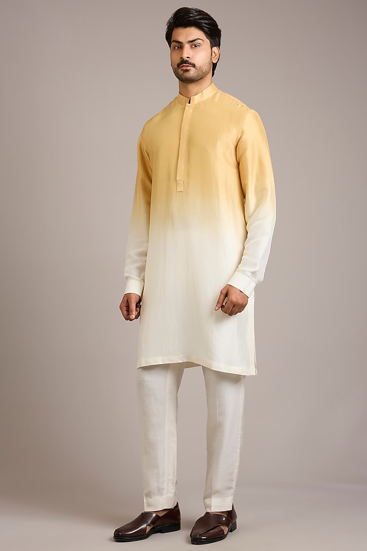 Mustard Ombre Silk Embroidered Bundi Jacket Set by Rohit Gandhi & Rahul Khanna Men at Pernia's Pop Up Shop
