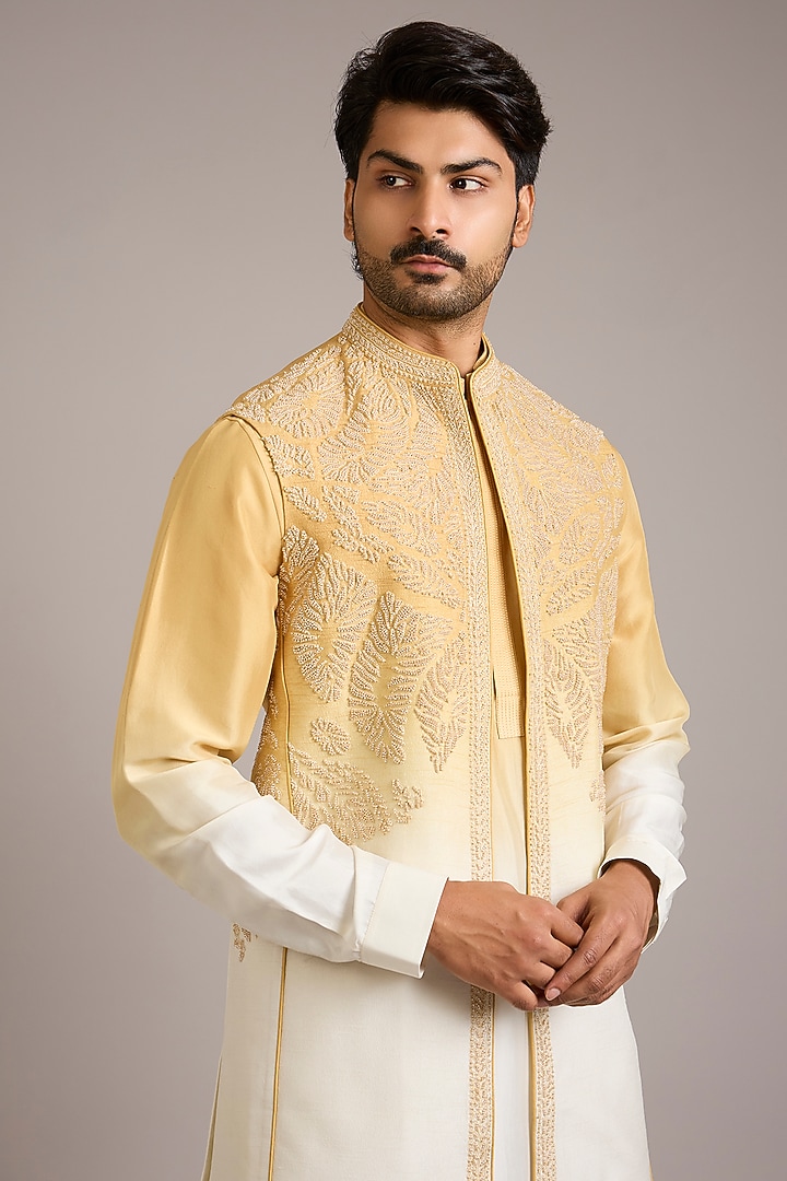 Mustard Ombre Silk Embroidered Bundi Jacket Set by Rohit Gandhi & Rahul Khanna Men at Pernia's Pop Up Shop