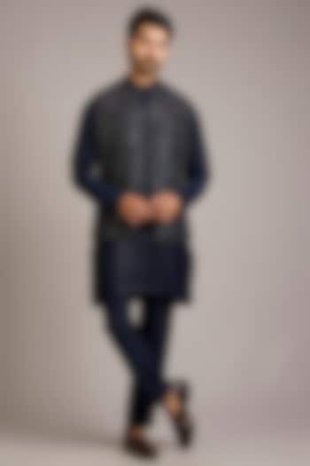 Navy Silk Embroidered Bundi Jacket Set by Rohit Gandhi & Rahul Khanna Men at Pernia's Pop Up Shop
