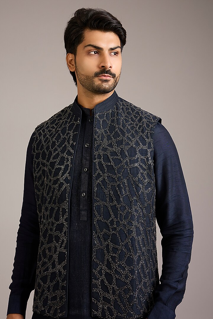 Navy Silk Embroidered Bundi Jacket Set by Rohit Gandhi & Rahul Khanna Men at Pernia's Pop Up Shop