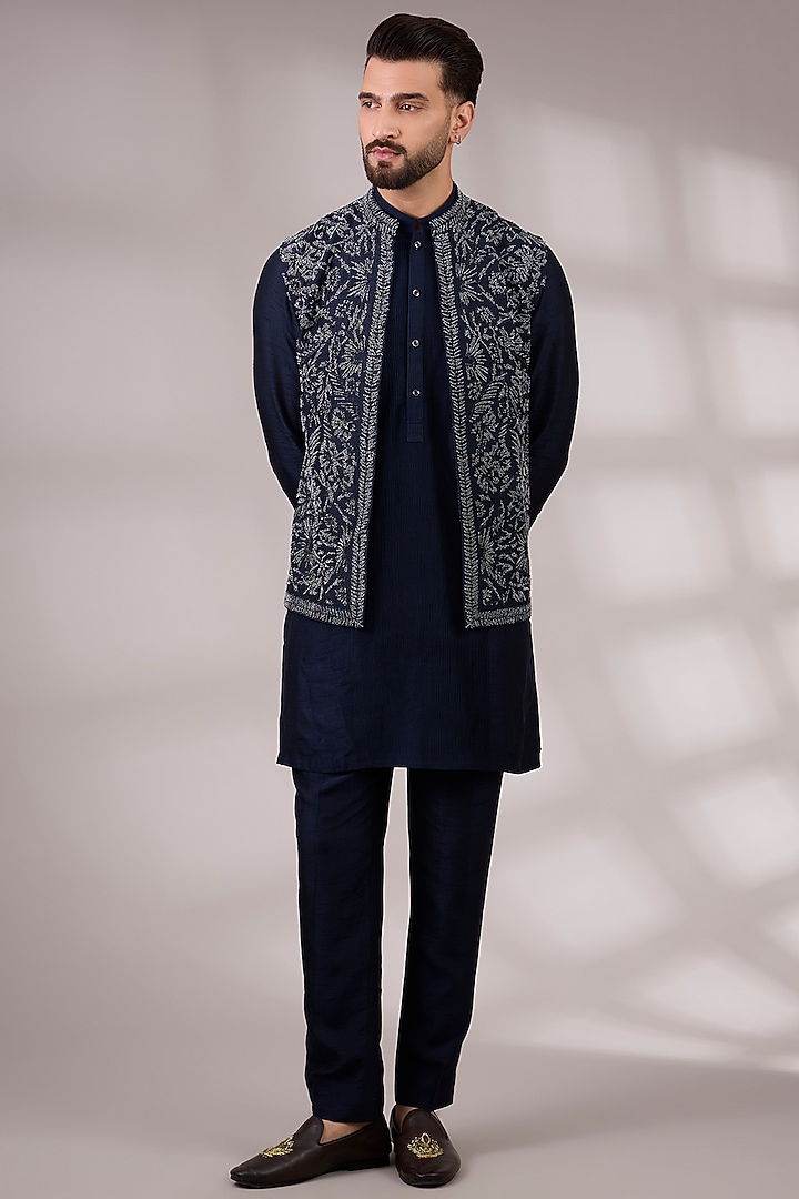 Navy Silk Bundi Jacket Set by Rohit Gandhi & Rahul Khanna Men at Pernia's Pop Up Shop