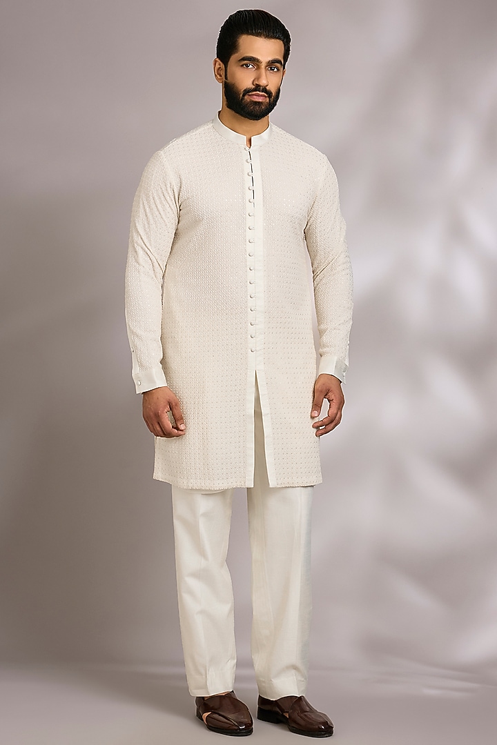 Ivory Silk Bundi Jacket Set by Rohit Gandhi & Rahul Khanna Men at Pernia's Pop Up Shop