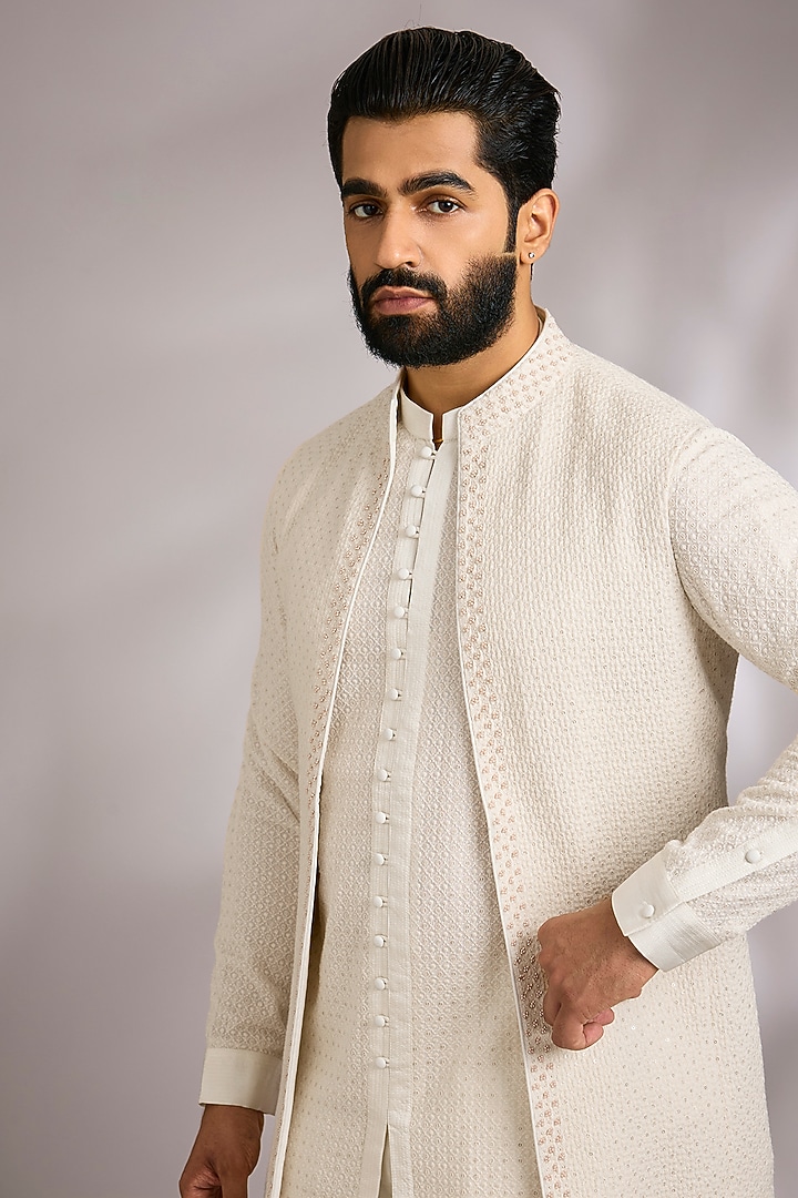 Ivory Silk Bundi Jacket Set by Rohit Gandhi & Rahul Khanna Men at Pernia's Pop Up Shop
