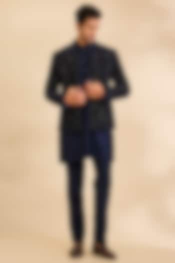Navy Silk Groom Indowestern Set by Rohit Gandhi & Rahul Khanna Men at Pernia's Pop Up Shop