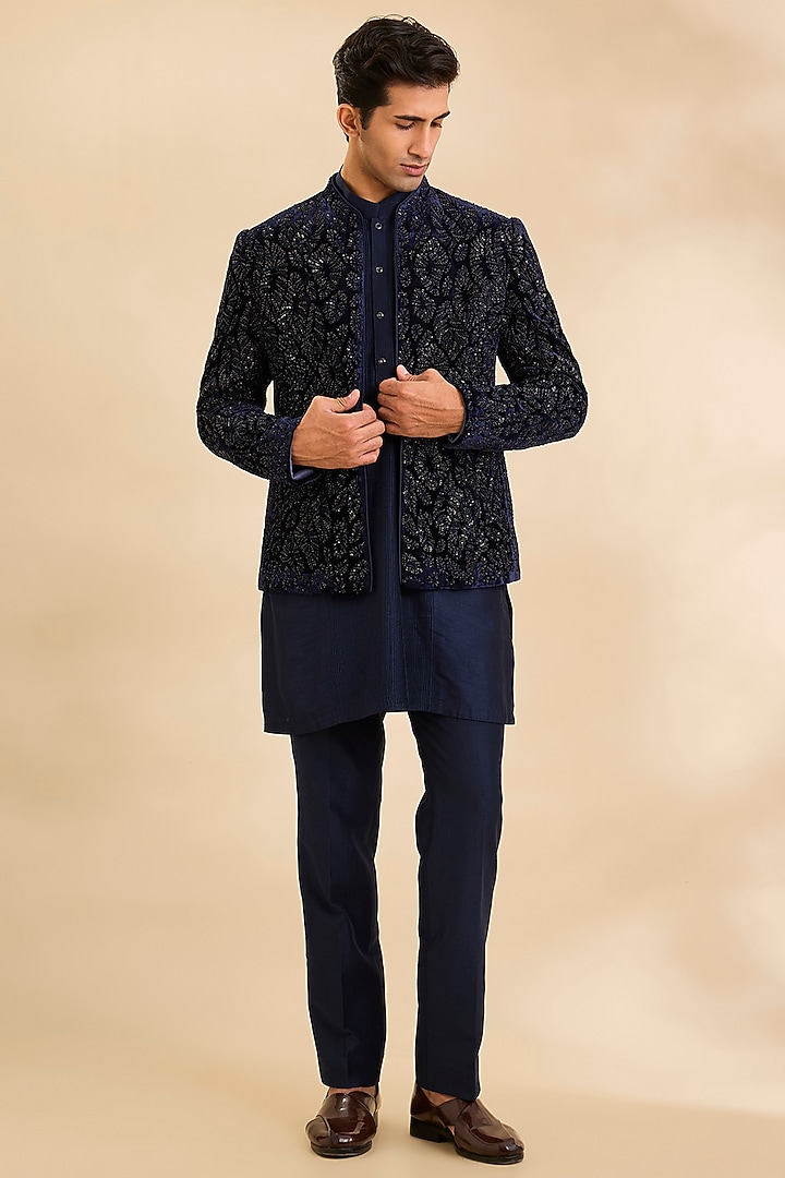 Navy Silk Groom Indowestern Set by Rohit Gandhi & Rahul Khanna Men at Pernia's Pop Up Shop