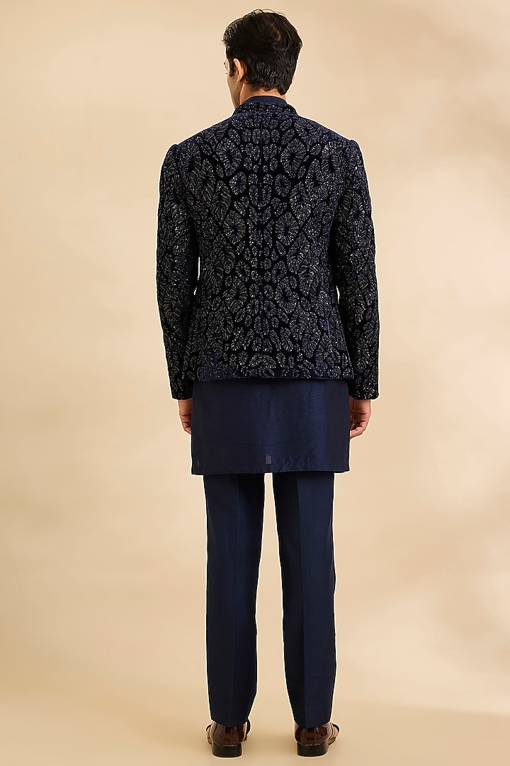 Navy Silk Groom Indowestern Set by Rohit Gandhi & Rahul Khanna Men at Pernia's Pop Up Shop