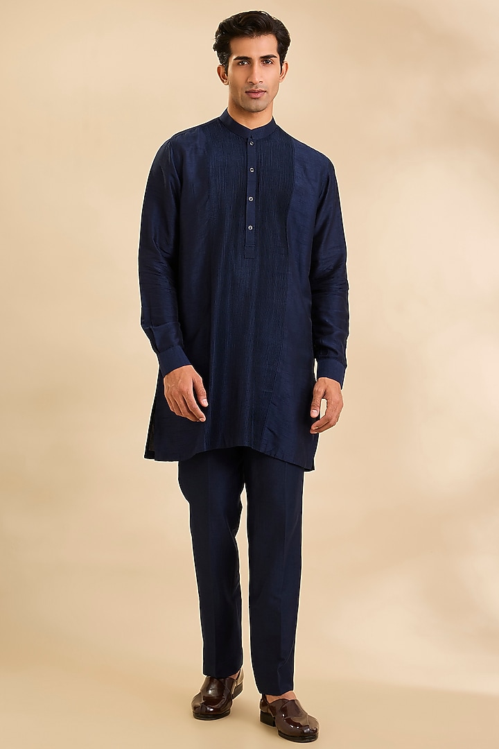 Navy Silk Groom Indowestern Set by Rohit Gandhi & Rahul Khanna Men at Pernia's Pop Up Shop
