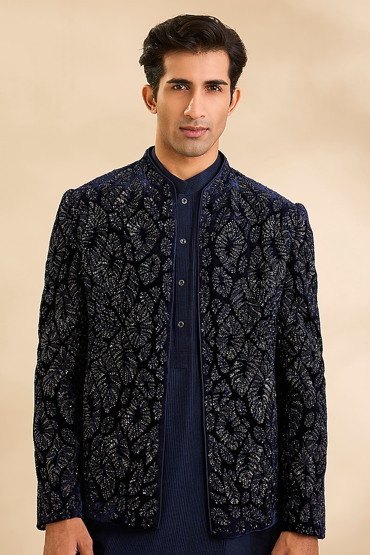 Navy Silk Groom Indowestern Set by Rohit Gandhi & Rahul Khanna Men at Pernia's Pop Up Shop