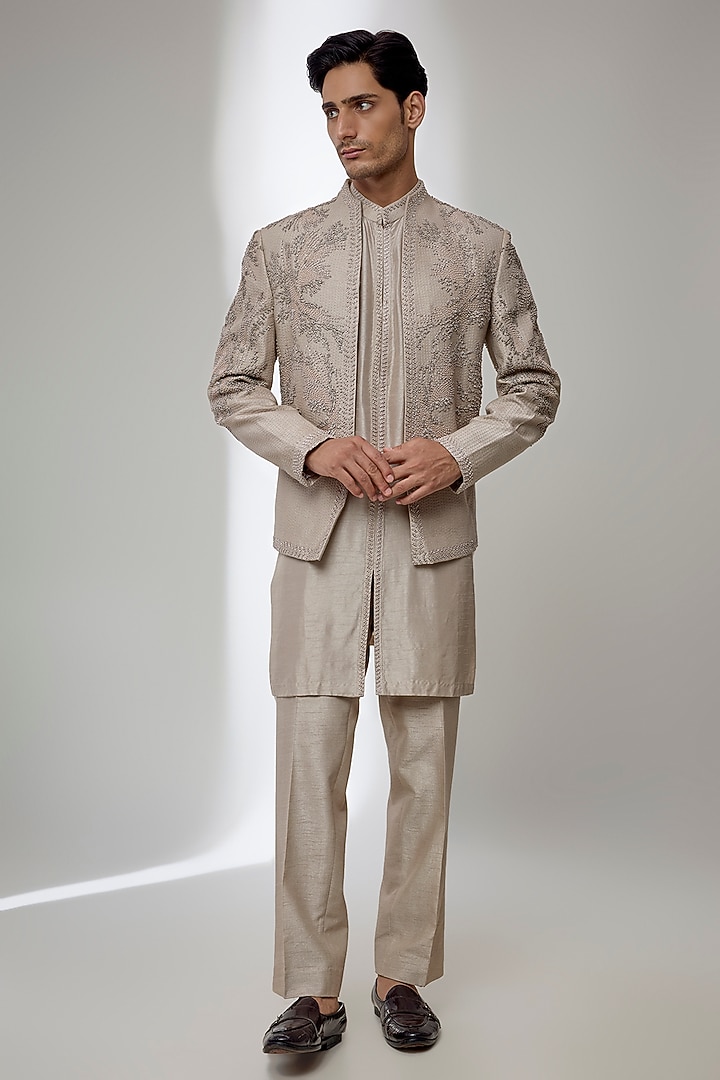 Beige Cream Silk Groom Indowestern Set by Rohit Gandhi & Rahul Khanna Men at Pernia's Pop Up Shop