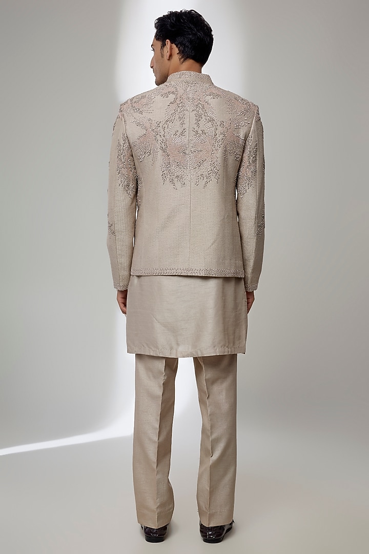 Beige Cream Silk Groom Indowestern Set by Rohit Gandhi & Rahul Khanna Men at Pernia's Pop Up Shop