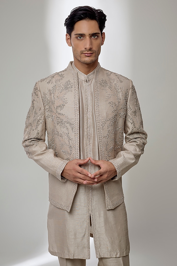 Beige Cream Silk Groom Indowestern Set by Rohit Gandhi & Rahul Khanna Men at Pernia's Pop Up Shop