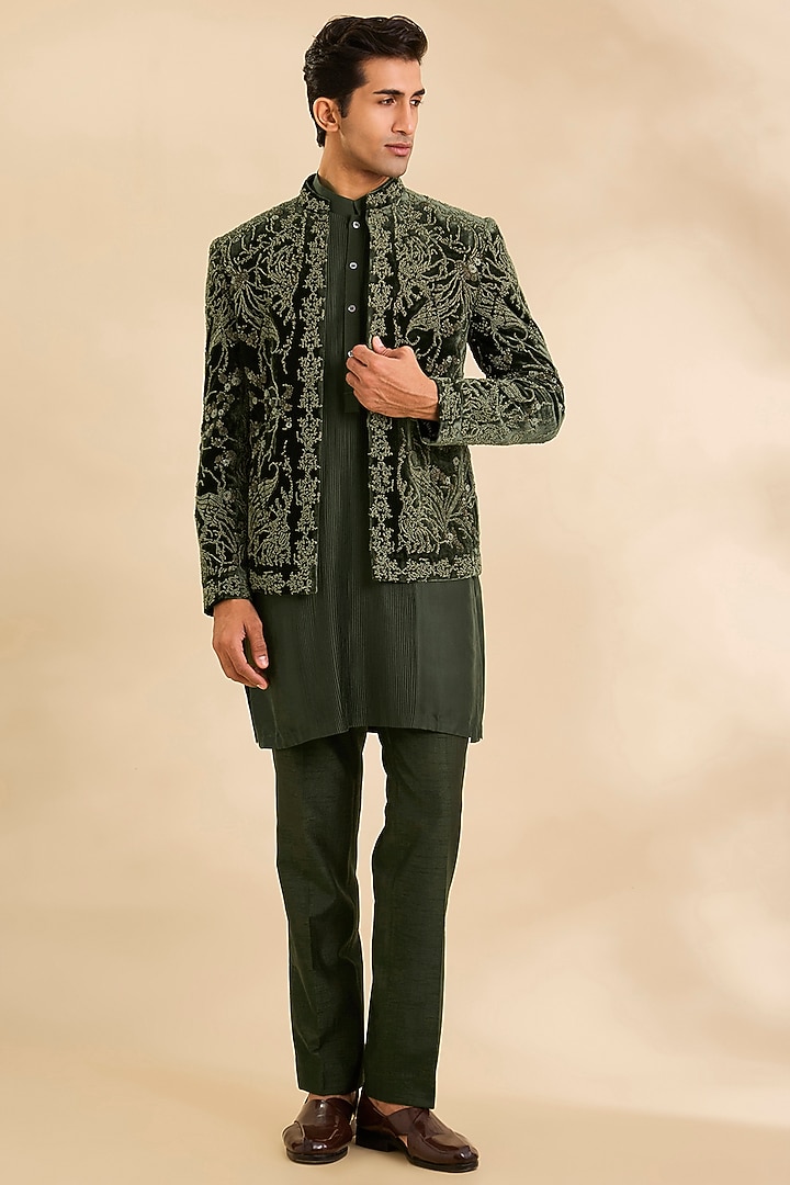 Sap Green Silk Groom Indowestern Set by Rohit Gandhi & Rahul Khanna Men at Pernia's Pop Up Shop