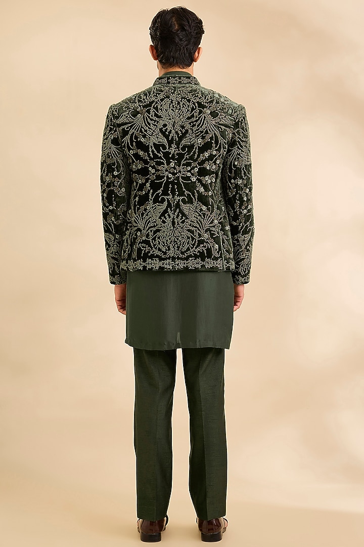 Sap Green Silk Groom Indowestern Set by Rohit Gandhi & Rahul Khanna Men at Pernia's Pop Up Shop