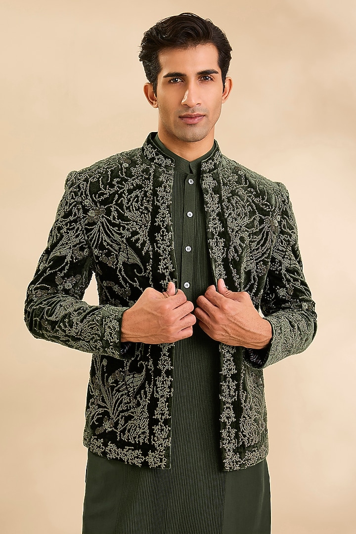 Sap Green Silk Groom Indowestern Set by Rohit Gandhi & Rahul Khanna Men at Pernia's Pop Up Shop