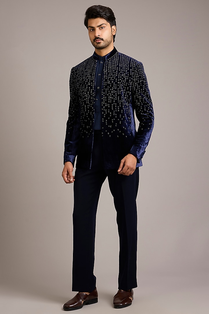 Navy Velvet Embroidered Groom Indowestern Set by Rohit Gandhi & Rahul Khanna Men at Pernia's Pop Up Shop