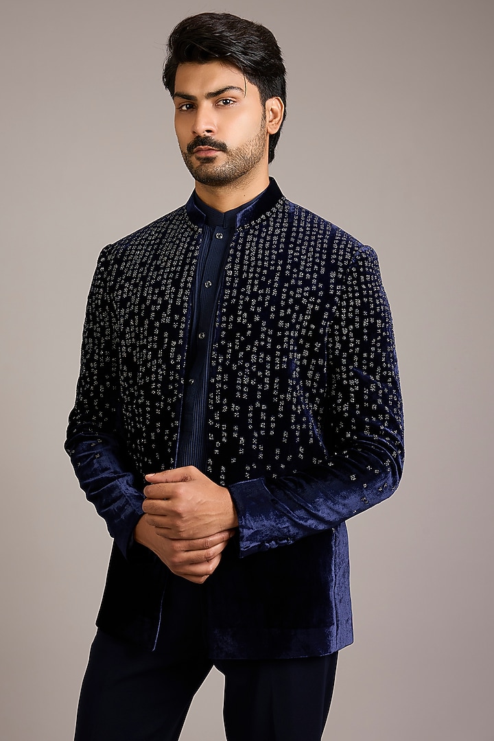 Navy Velvet Embroidered Groom Indowestern Set by Rohit Gandhi & Rahul Khanna Men at Pernia's Pop Up Shop