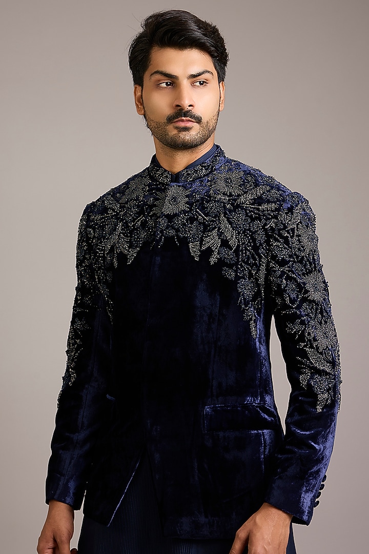 Navy Velvet Embroidered Groom Indowestern Set by Rohit Gandhi & Rahul Khanna Men at Pernia's Pop Up Shop