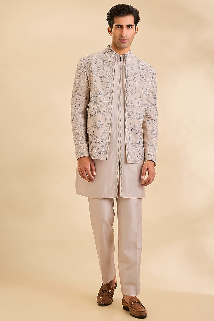 Silver Silk Groom Indowestern Set by Rohit Gandhi & Rahul Khanna Men at Pernia's Pop Up Shop