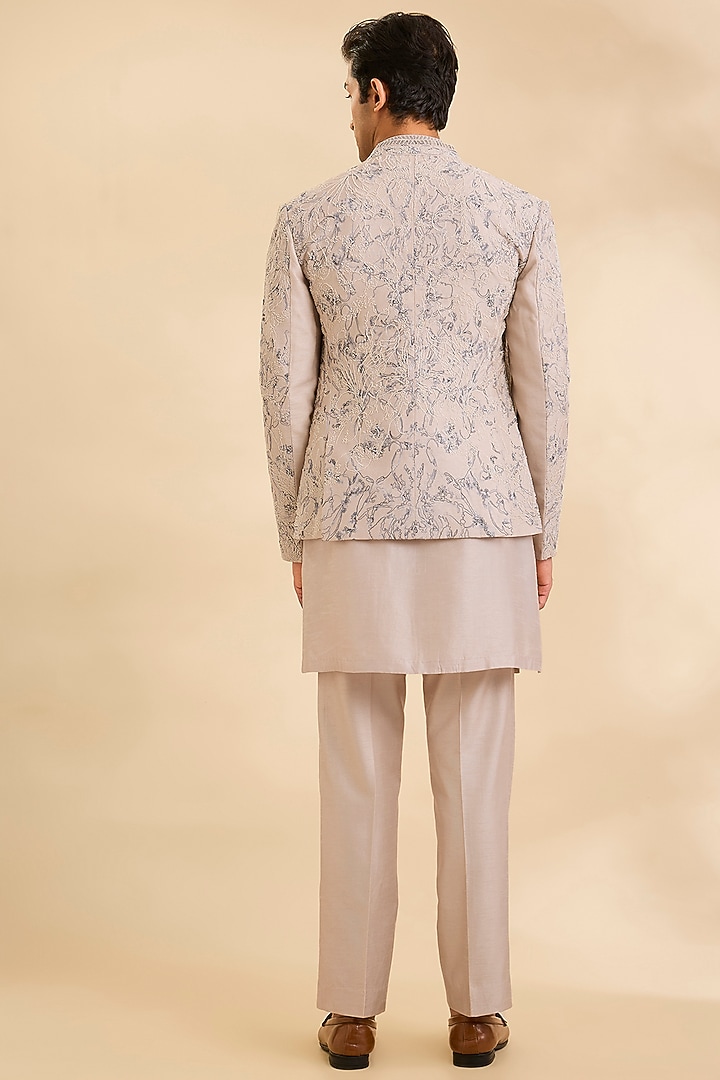 Silver Silk Groom Indowestern Set by Rohit Gandhi & Rahul Khanna Men at Pernia's Pop Up Shop