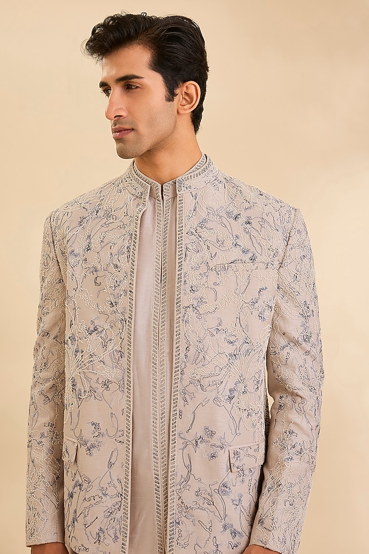Silver Silk Groom Indowestern Set by Rohit Gandhi & Rahul Khanna Men at Pernia's Pop Up Shop